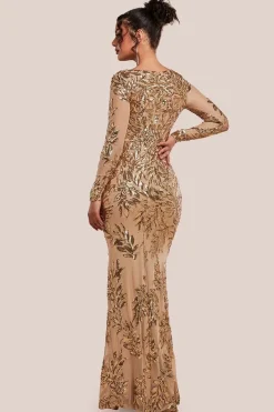 Sequin Leaf Long Sleeve Maxi Dress - Gold by Goddiva