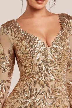 Sequin Leaf Long Sleeve Maxi Dress - Gold by Goddiva