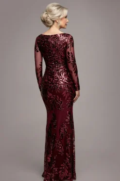 Sequin Leaf Long Sleeve Maxi Dress - Burgundy by Goddiva