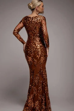 Sequin Leaf Long Sleeve Maxi Dress - Bronze by Goddiva