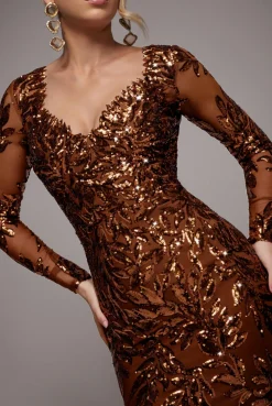 Sequin Leaf Long Sleeve Maxi Dress - Bronze by Goddiva