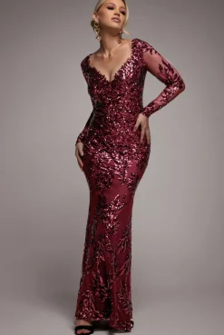 Sequin Leaf Long Sleeve Maxi Dress - Burgundy by Goddiva
