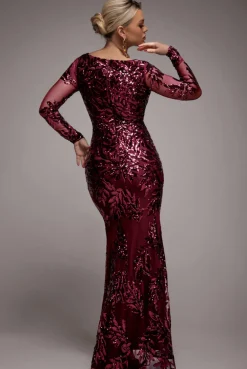 Sequin Leaf Long Sleeve Maxi Dress - Burgundy by Goddiva