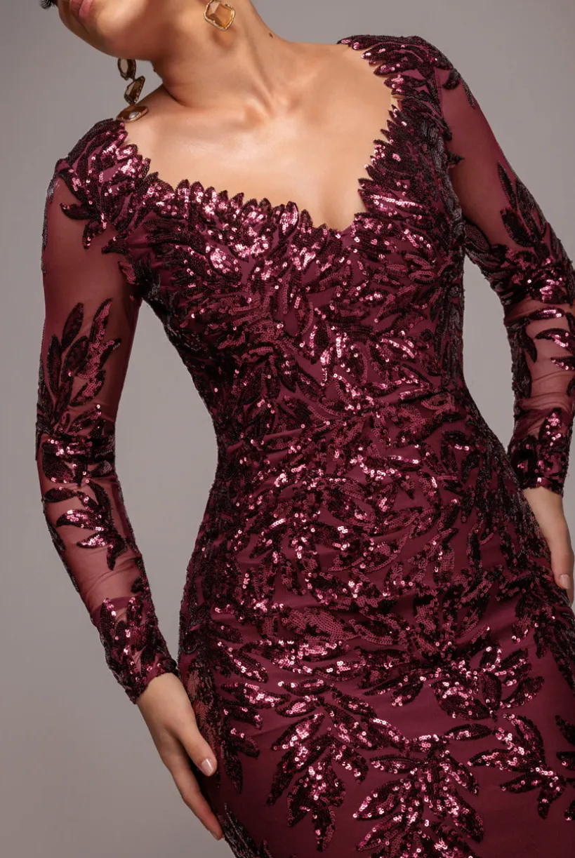 Sequin Leaf Long Sleeve Maxi Dress - Burgundy by Goddiva