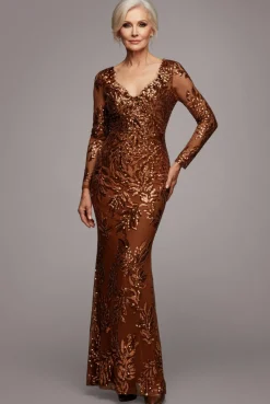 Sequin Leaf Long Sleeve Maxi Dress - Bronze by Goddiva