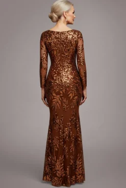 Sequin Leaf Long Sleeve Maxi Dress - Bronze by Goddiva