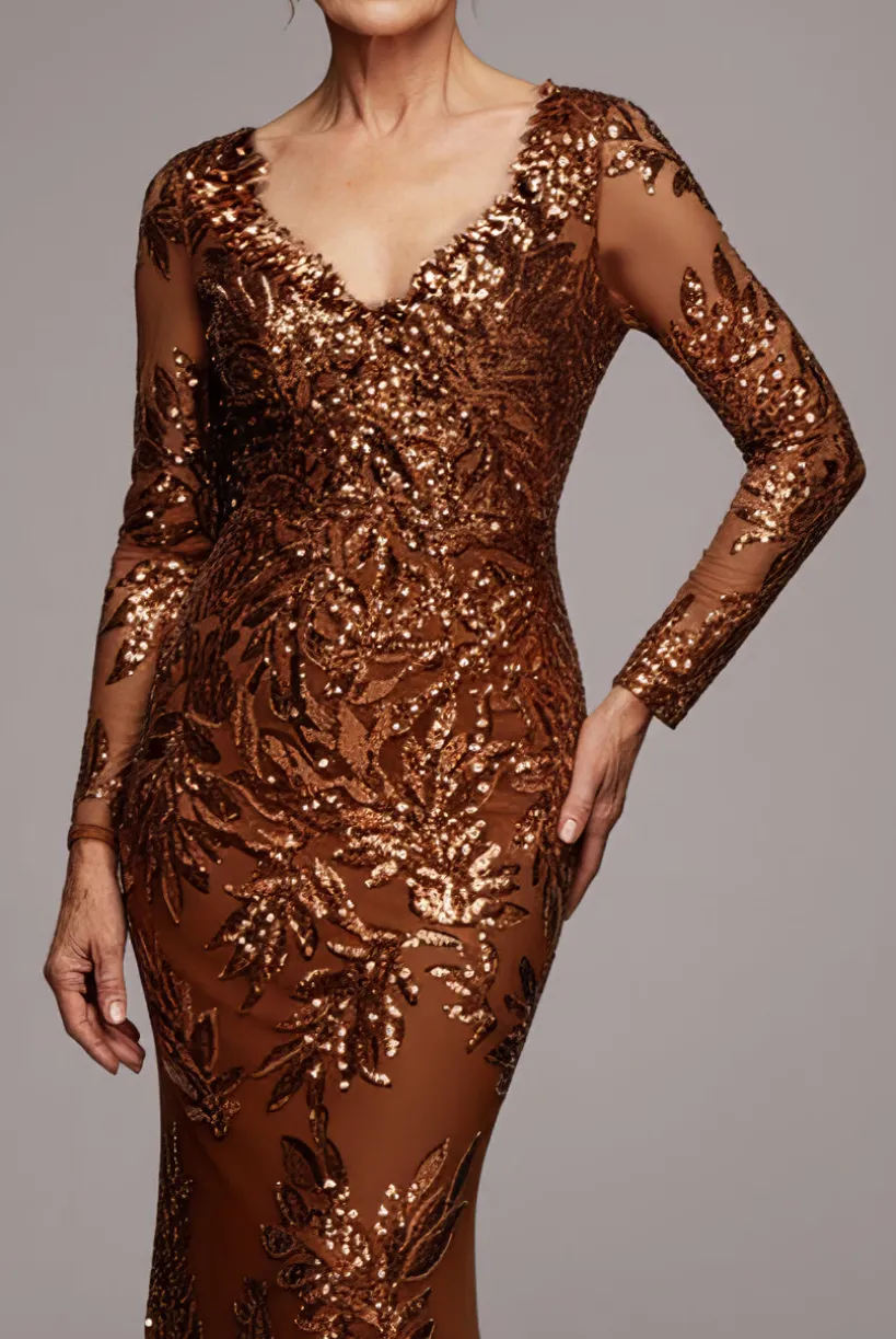 Sequin Leaf Long Sleeve Maxi Dress - Bronze by Goddiva