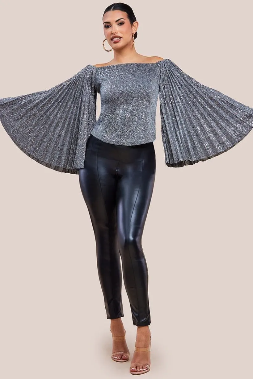 Sequin Lurex Bardot Pleated Sleeve Top - Silver by Goddiva