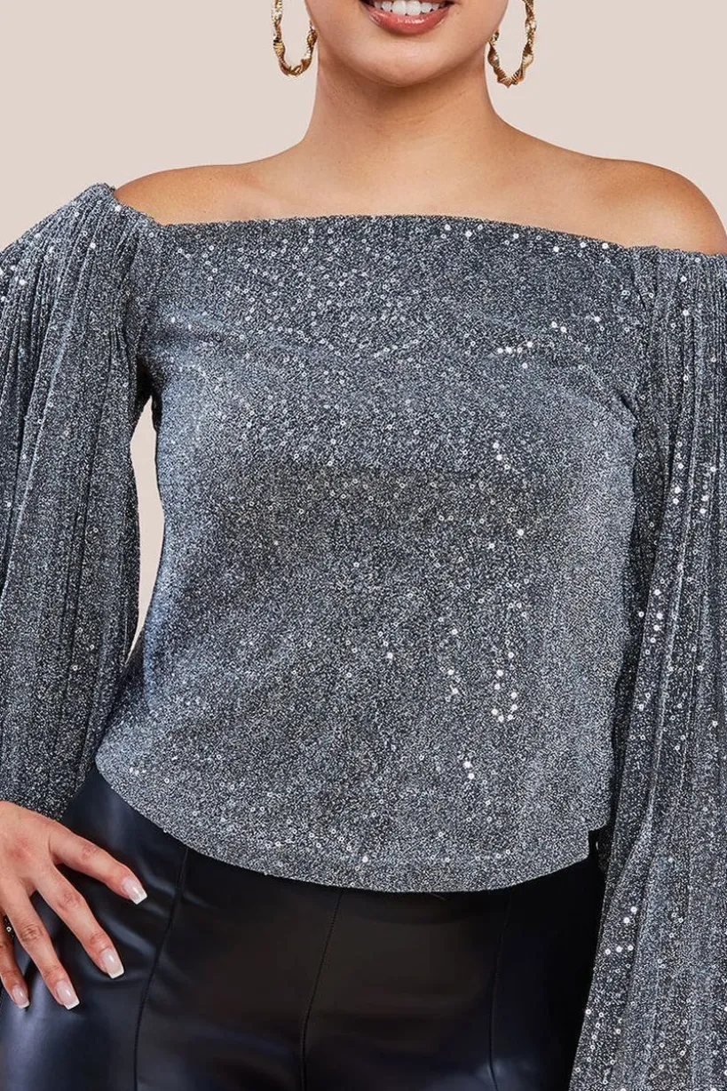 Sequin Lurex Bardot Pleated Sleeve Top - Silver by Goddiva