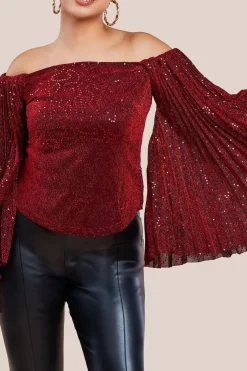 Sequin Lurex Bardot Pleated Sleeve Top - Wine by Goddiva