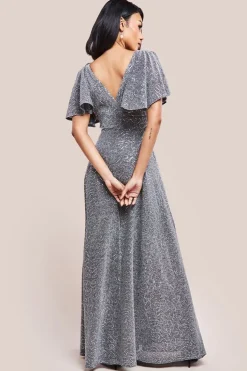 Sequin Lurex Flutter Sleeve Maxi Dress - Silver by Goddiva