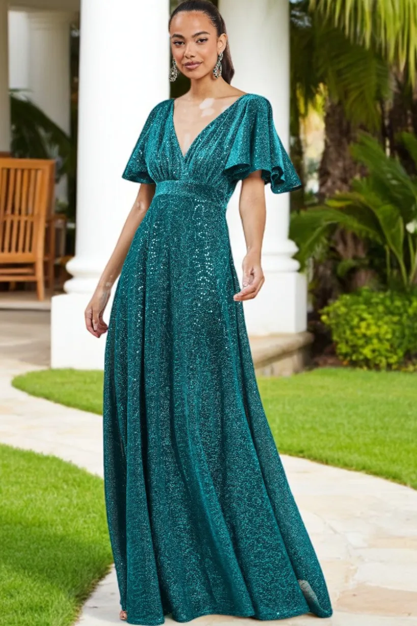 Sequin Lurex Flutter Sleeve Maxi Dress - Tealblue by Goddiva