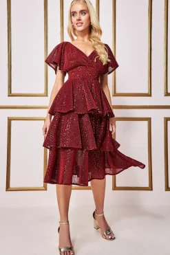 Sequin Lurex Tiered Midi Dress - Wine by Goddiva
