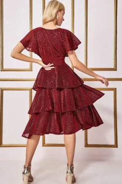 Sequin Lurex Tiered Midi Dress - Wine by Goddiva