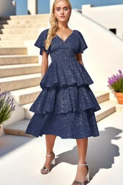 Sequin Lurex Tiered Midi Dress - Navy by Goddiva