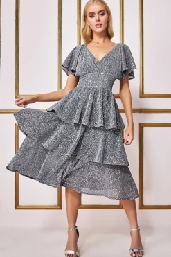 Sequin Lurex Tiered Midi Dress - Silver by Goddiva
