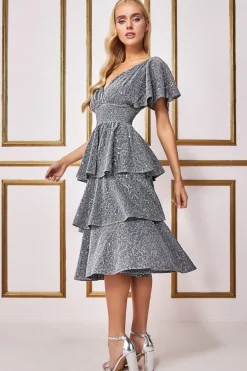 Sequin Lurex Tiered Midi Dress - Silver by Goddiva