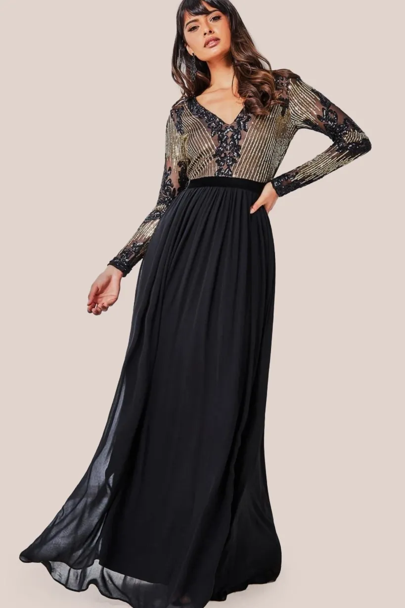 Sequin Mesh Bodice Maxi Dress - Black by Goddiva