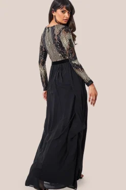 Sequin Mesh Bodice Maxi Dress - Black by Goddiva
