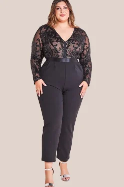 Sequin Mesh Jumpsuit - Black by Goddiva Plus