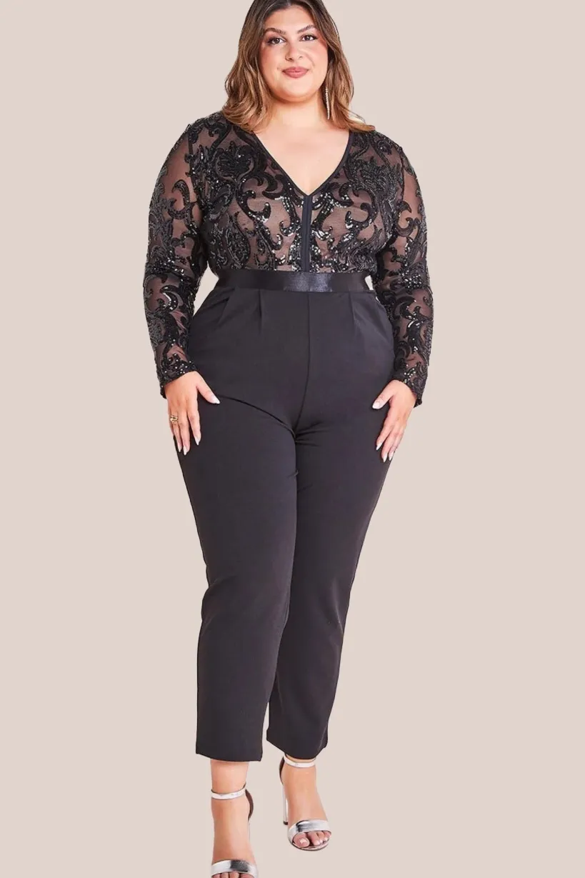 Sequin Mesh Jumpsuit - Black by Goddiva Plus