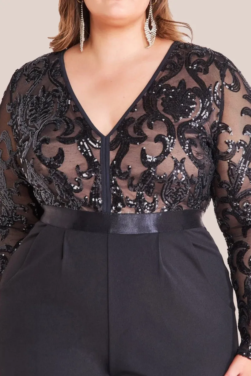 Sequin Mesh Jumpsuit - Black by Goddiva Plus