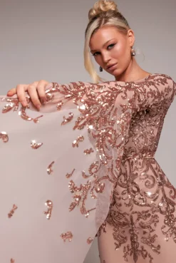 Sequin Mesh One Shoulder Evening Maxi Dress - Champagne by Goddiva