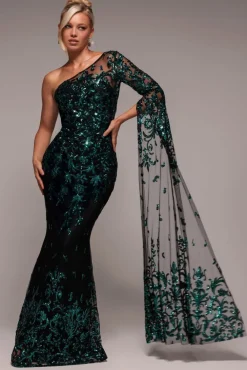 Sequin Mesh One Shoulder Evening Maxi Dress - Emerald Green by Goddiva