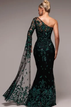 Sequin Mesh One Shoulder Evening Maxi Dress - Emerald Green by Goddiva