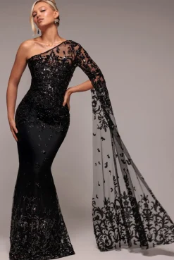 Sequin Mesh One Shoulder Evening Maxi Dress - Black by Goddiva