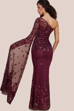 Sequin Mesh One Shoulder Evening Maxi - Burgundy by Goddiva