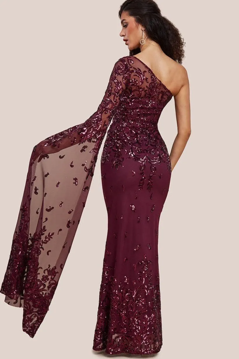 Sequin Mesh One Shoulder Evening Maxi - Burgundy by Goddiva