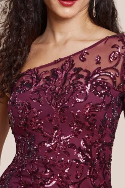 Sequin Mesh One Shoulder Evening Maxi - Burgundy by Goddiva