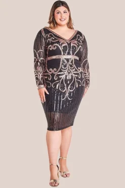 Sequin Mesh V Neck Midi Dress - Black by Goddiva Plus