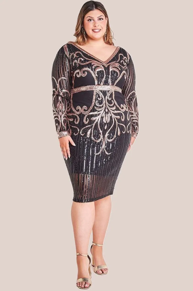 Sequin Mesh V Neck Midi Dress - Black by Goddiva Plus