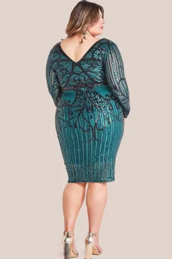 Sequin Mesh V Neck Midi Dress - Emerald by Goddiva Plus