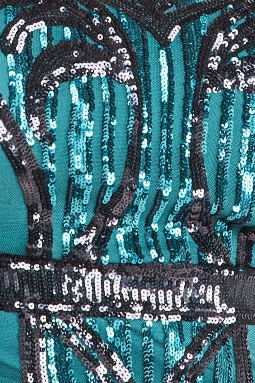 Sequin Mesh V Neck Midi Dress - Emerald by Goddiva Plus