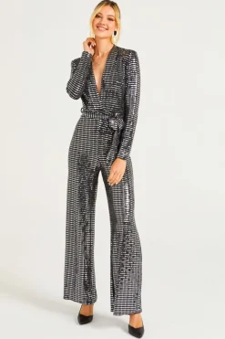 Sequin Plunge Neck Faux Wrap Jumpsuit In Silver by Angeleye