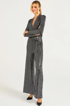 Sequin Plunge Neck Faux Wrap Jumpsuit In Silver by Angeleye