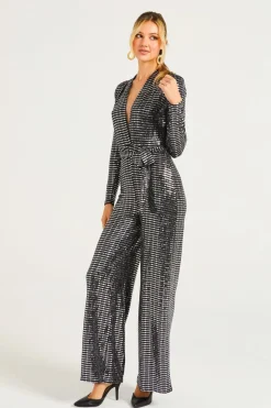 Sequin Plunge Neck Faux Wrap Jumpsuit In Silver by Angeleye