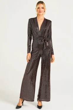 Sequin Plunge Neck Faux Wrap Jumpsuit In Gold by Angeleye