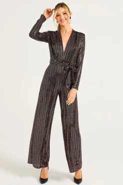 Sequin Plunge Neck Faux Wrap Jumpsuit In Gold by Angeleye
