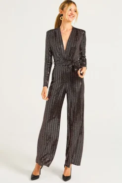 Sequin Plunge Neck Faux Wrap Jumpsuit In Gold by Angeleye