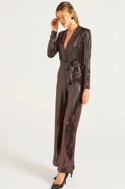 Sequin Plunge Neck Faux Wrap Jumpsuit In Gold by Angeleye