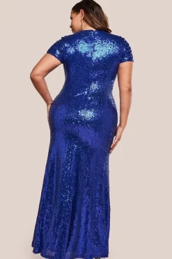 Sequin Portrait Neckline Maxi Dress - Royal Blue by Goddiva Plus