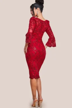 Sequin Scallop Lace Midi Dress - Red by Goddiva