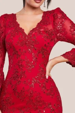 Sequin Scallop Lace Midi Dress - Red by Goddiva