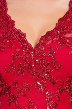 Sequin Scallop Lace Midi Dress - Red by Goddiva