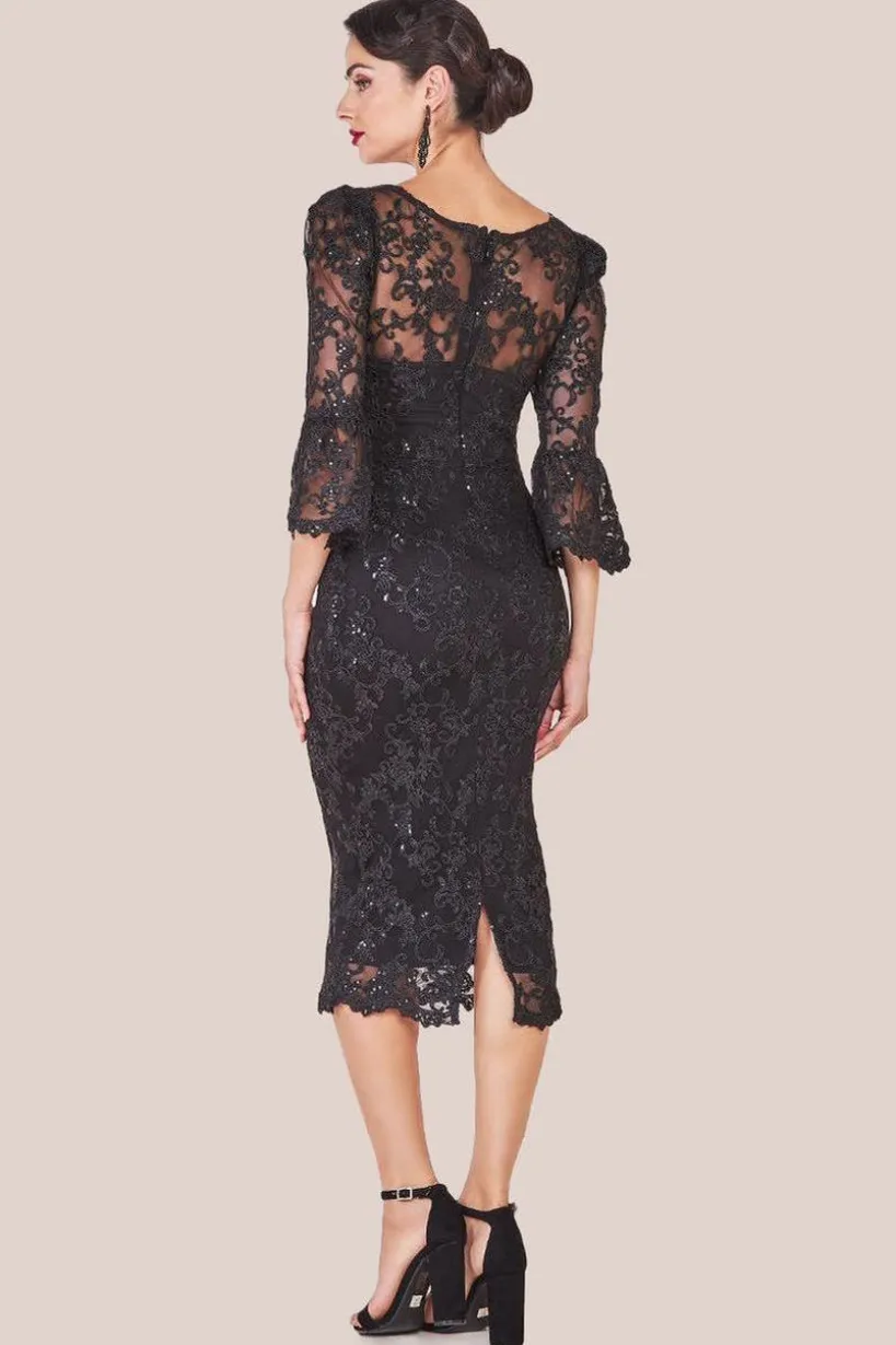 Sequin Scallop Lace Midi Dress - Black by Goddiva