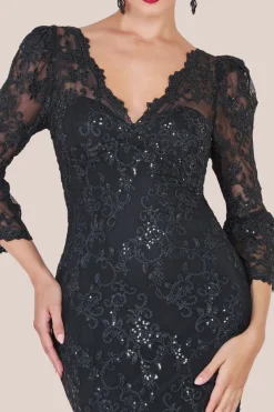 Sequin Scallop Lace Midi Dress - Black by Goddiva